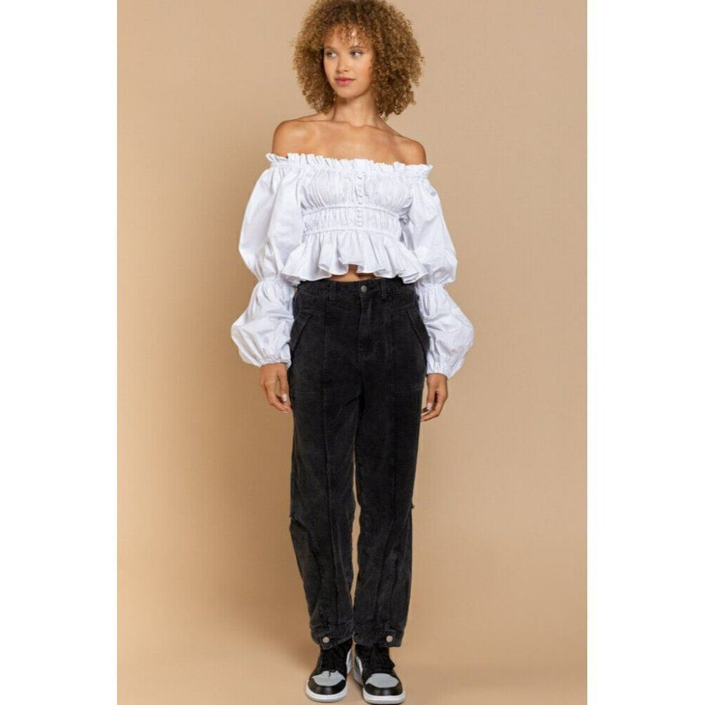 Sale! POL
Off Shoulder White Cropped Long Sleeve Blouse Ruffles Puff Sleeve Top - Picture 5 of 10